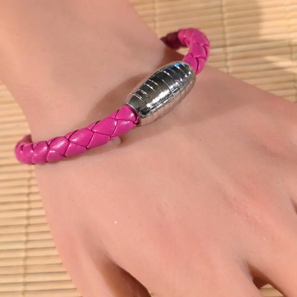 Braided Thick Dark Pink Vegan Leather Magnetic Clasp Bangle Bracelet